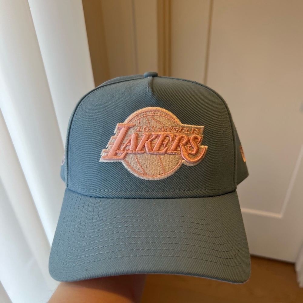 Curved Brim Cap in Teal with Pink Logo
